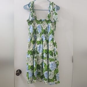 Kathleen Maeve Floral Smocked Dress with Tie Straps, Size Large, Linen/ Cotton.